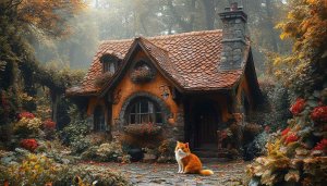 Autumn Cottage Cat Wallpaper: Cozy Home & Garden Scenery