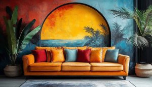 Tropical Interior Wallpaper: Orange Sofa, Artwork, Plants 4k for Desktop