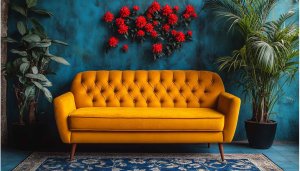 Interior Design Wallpaper: Velvet Sofa, Flowers, and Plants Wallpaper