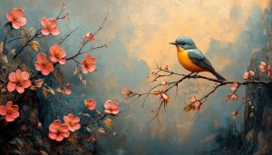Bird and Blossom Art Wallpaper, Floral Artistic Background Image