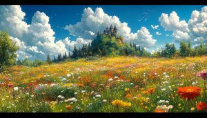 Fantasy Castle Landscape Wallpaper, Field Flowers Art, 4K Desktop