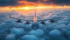 Airplane Wallpaper: Military Aircraft Flying Over Clouds, Sunset Scenery Image