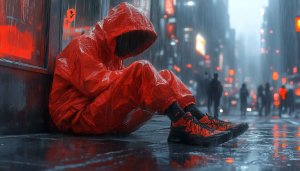 Red Raincoat Wallpaper: Rainy City Street, 4k Wallpaper for Desktop