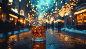 Whiskey Glass Wallpaper: Ice Cubes, Night Lights, Cozy Christmas Vibe
