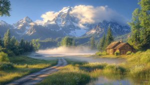 Mountain Landscape Wallpaper: Cabin in Forest, Nature Scenery 4k