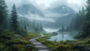 Mountain Lake Wallpaper: Scenic Forest Path in Mist 4K