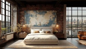 Bedroom Interior Wallpaper: Brick Wall, City View, Modern Design
