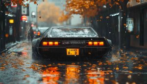 Retro Car Wallpaper: Rainy Street, Autumn Leaves, Aesthetic Vehicle