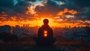 Sunset Wallpaper: Silhouette, Cityscape, Man Meditating. 4K Desktop Background
