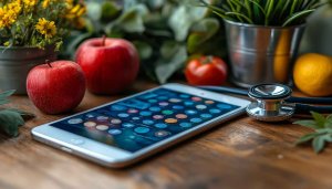 Healthcare Wallpaper: Stethoscope, Tablet, Healthy Food Background for Desktop