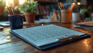 Aesthetic Study Wallpaper: Desk with Clipboard and Stationery Desktop