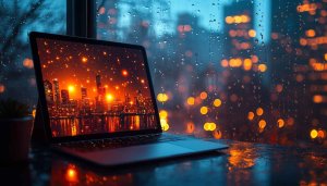 Laptop Cityscape Wallpaper, Rainy Window View, Desktop Backgrounds