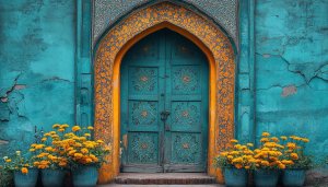 Vintage Door Wallpaper: Aesthetic Doorway, Floral Details, Exotic Architecture