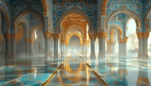 Islamic Architecture Wallpaper: Golden Archway, Palace Interior Art, 4K Aesthetic