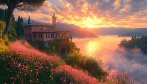 Italian Lake House Sunset Wallpaper, Tuscany Landscape Background for Desktop
