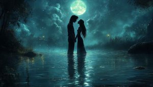 Romantic Couple Wallpaper: Moonlight Lake Love Scene