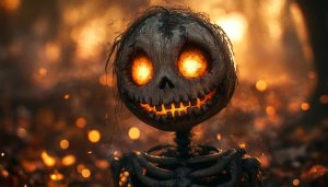 Scary Halloween Wallpaper: Pumpkin Skeleton with Glowing Eyes 4K