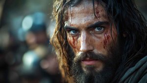 Warrior Wallpaper: Intense Battle-Scarred Man with Haunting Gaze