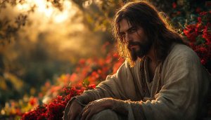 Jesus Christ Wallpaper: Portrait with Red Flowers, Christian Art