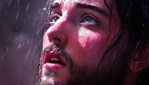 Jesus Wallpaper: Intense Portrait, Rain, Blue Eyes - Christian Art