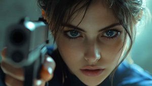 Intense Woman with Gun Wallpaper, Crime Thriller Aesthetic