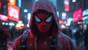 Spider-Man Wallpaper: Hooded Hero in Rainy City, 4K Marvel