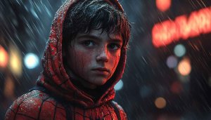 Spider-Man Wallpaper: Child in Rain, Superhero Theme for Desktop