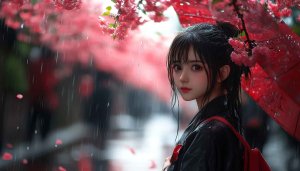 Anime Girl Wallpaper in Rain with Cherry Blossom 4k