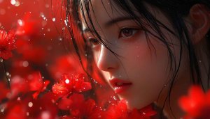 AI Portrait Wallpaper: Anime Girl with Red Flowers, 4K Art