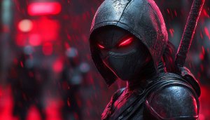 Cyberpunk Ninja Wallpaper: Futuristic Warrior with Red Glow Eyes HD