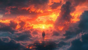 Sunset Wallpaper: Man Silhouette Amidst Fiery Clouds 4k Wallpaper