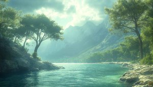 Lake Scenery Wallpaper: Serene Mountain View, Nature Landscape, Green Trees