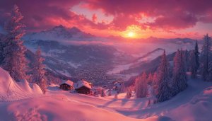 Winter Mountain Sunset Wallpaper: Snowy Peaks, Pink Sky, 4K Resolution