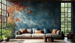 Teal Wallpapers, Autumn Living Room Wallpaper, Interior Design 4K