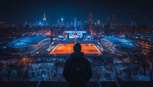 Basketball Arena and Cityscape Night Wallpaper for Desktop, Phone
