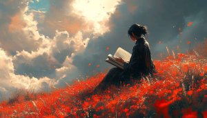 Girl Reading Book Sky and Flowers Field Wallpaper for Desktop