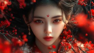 Chinese Girl Wallpaper, Asian Woman Portrait, Red Flowers Aesthetic Background