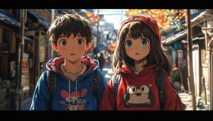 Anime Wallpaper: Cute Boy and Girl in Tokyo Street Scene