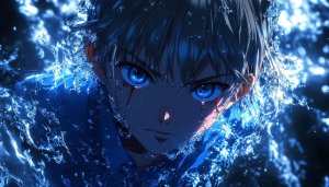 Anime Wallpaper: Boy with Blue Eyes and Water Splash Art