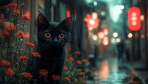 Black Cat Wallpaper: Rainy Night, Red Flowers, Aesthetic Cat Image