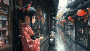 Anime Girl Wallpaper: Rainy Japanese Street in 4K Resolution