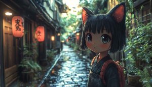 Anime Cat Girl Wallpaper, Japan Street, 4k Wallpaper, HD Wallpaper