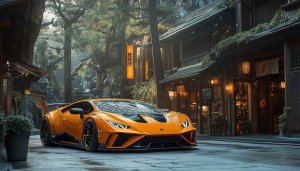 Orange Lamborghini Wallpaper: Exotic Car in Japanese Village Aesthetic