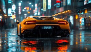 Yellow Lamborghini Car Wallpaper in Rainy Neon City Night