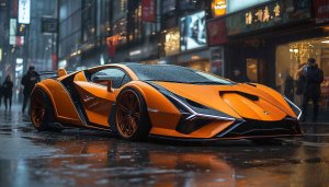 Lamborghini Car Wallpaper: Orange Supercar on Rainy City Street