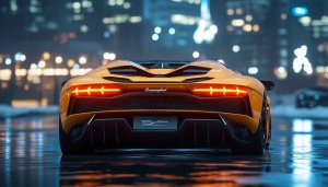 Lamborghini Car Wallpaper: Aventador on Rainy City Road 4K