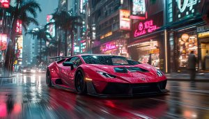 Lamborghini Car Wallpaper, Neon City, Rain, Vehicle Wallpaper, 4K