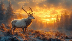 Majestic Deer Wallpaper: Winter Sunset Landscape Scene for Desktop