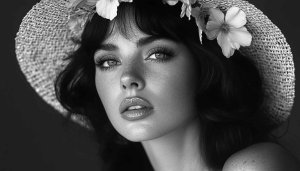 Black and White Portrait Wallpaper, Woman with Hat, 4k