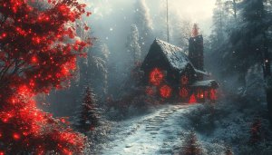 Winter Cabin Wallpaper: Christmas Lights, Snowy Forest, Holiday Theme